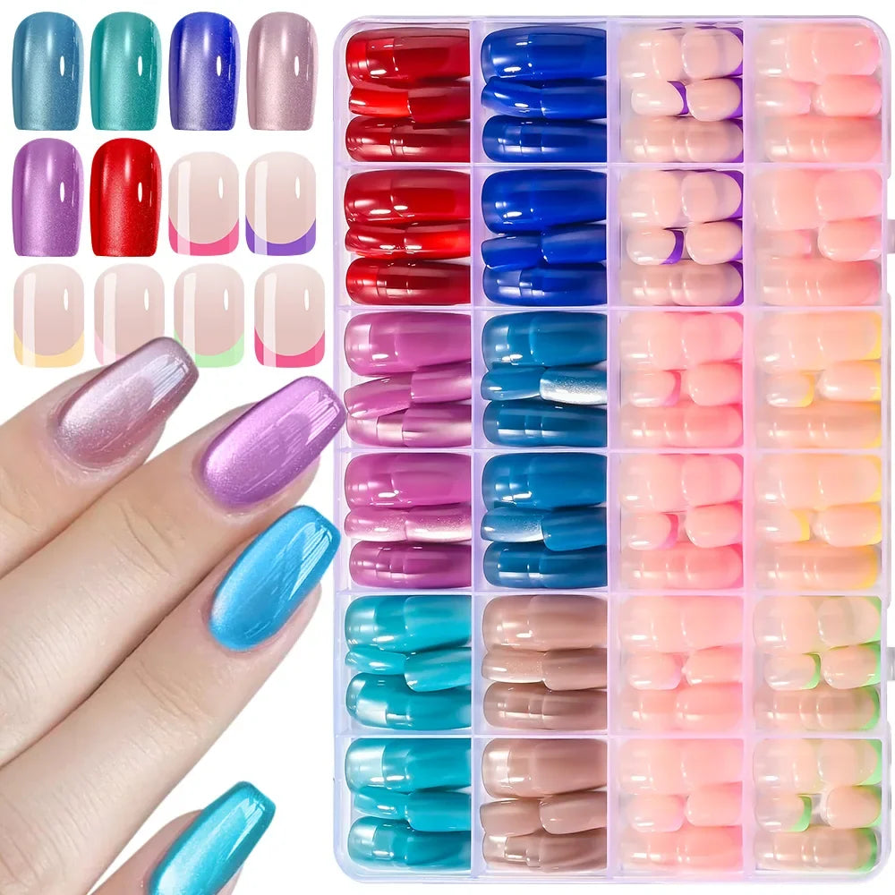 288pcs Red Blue Cat Eye Medium Coffin Press On Nails Colorful French Short Round Square False Nails Glossy Glitter Fake Nail Tip