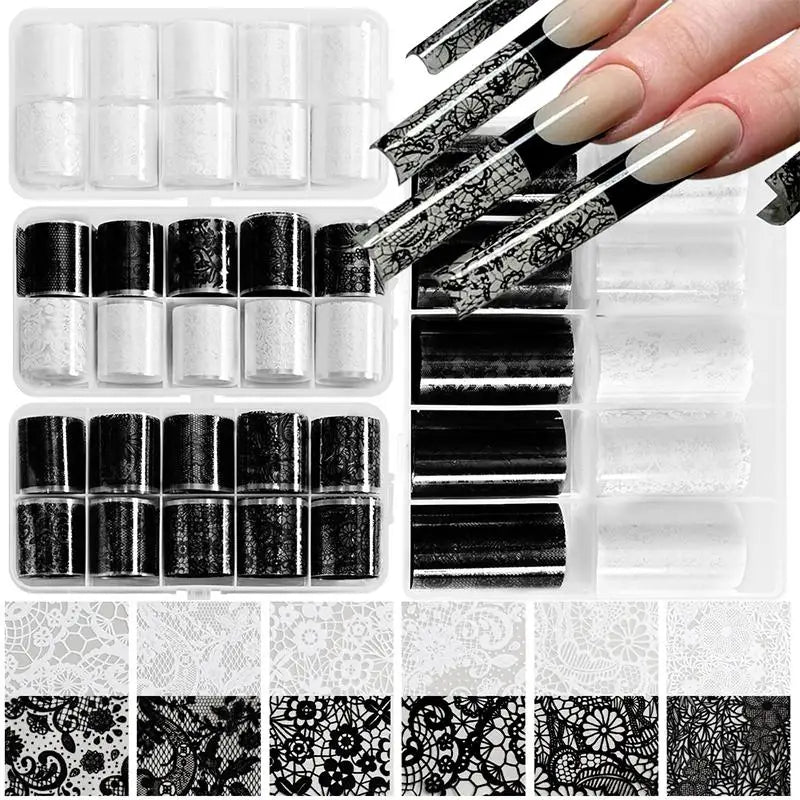 ✰✪Nail Art Transfer Foils Set Black White Red Lace Flowers Design Nail Stickers 10 Rolls DIY Manicure Decoration for Women