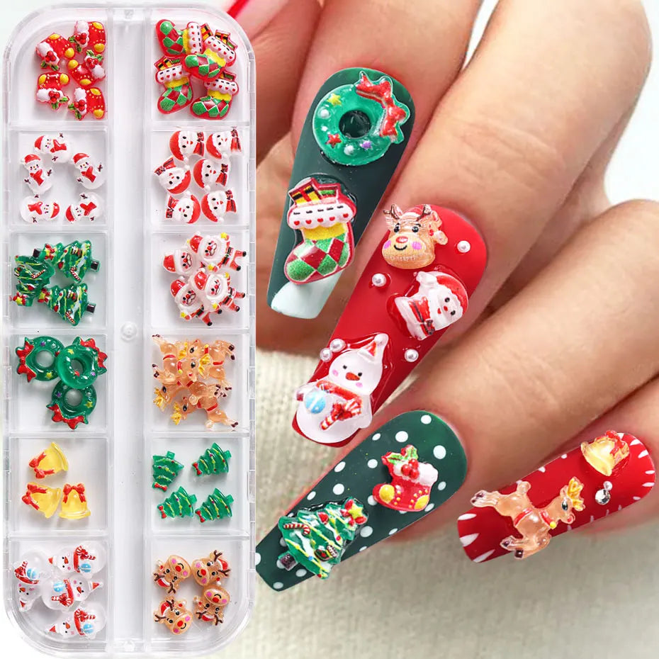 12grids Cartoon Mixed Resin Santa Claus Nails Decor Kawaii Christmas Snowman Elk Nail Charms Parts 3D Festival DIY Nail Supplies