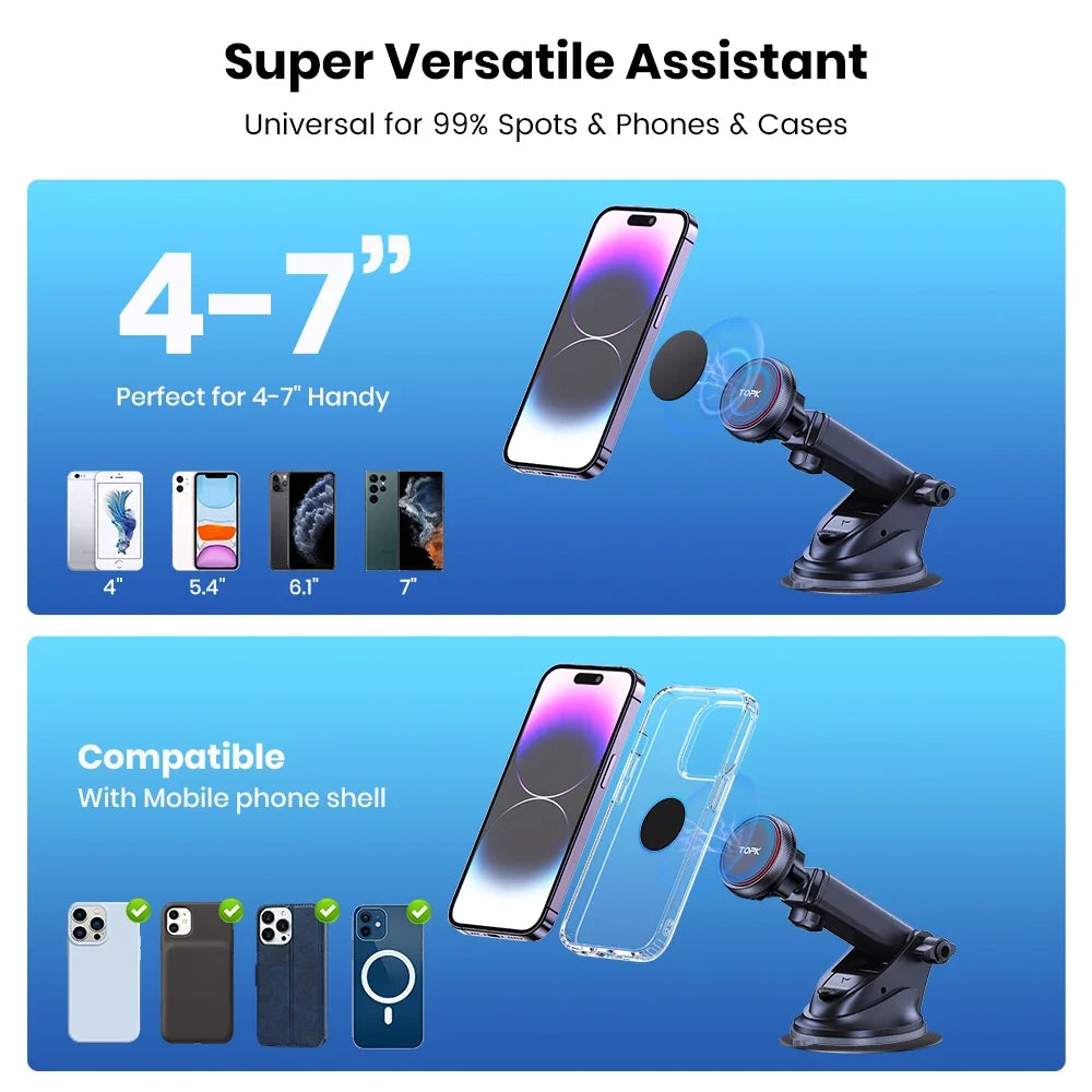 TOPK Magnetic Car Phone Holder Strong Suction Cup Mount Dashboard Windshield Stand Long Arm 360° Adjustable Mobile Phone Holder