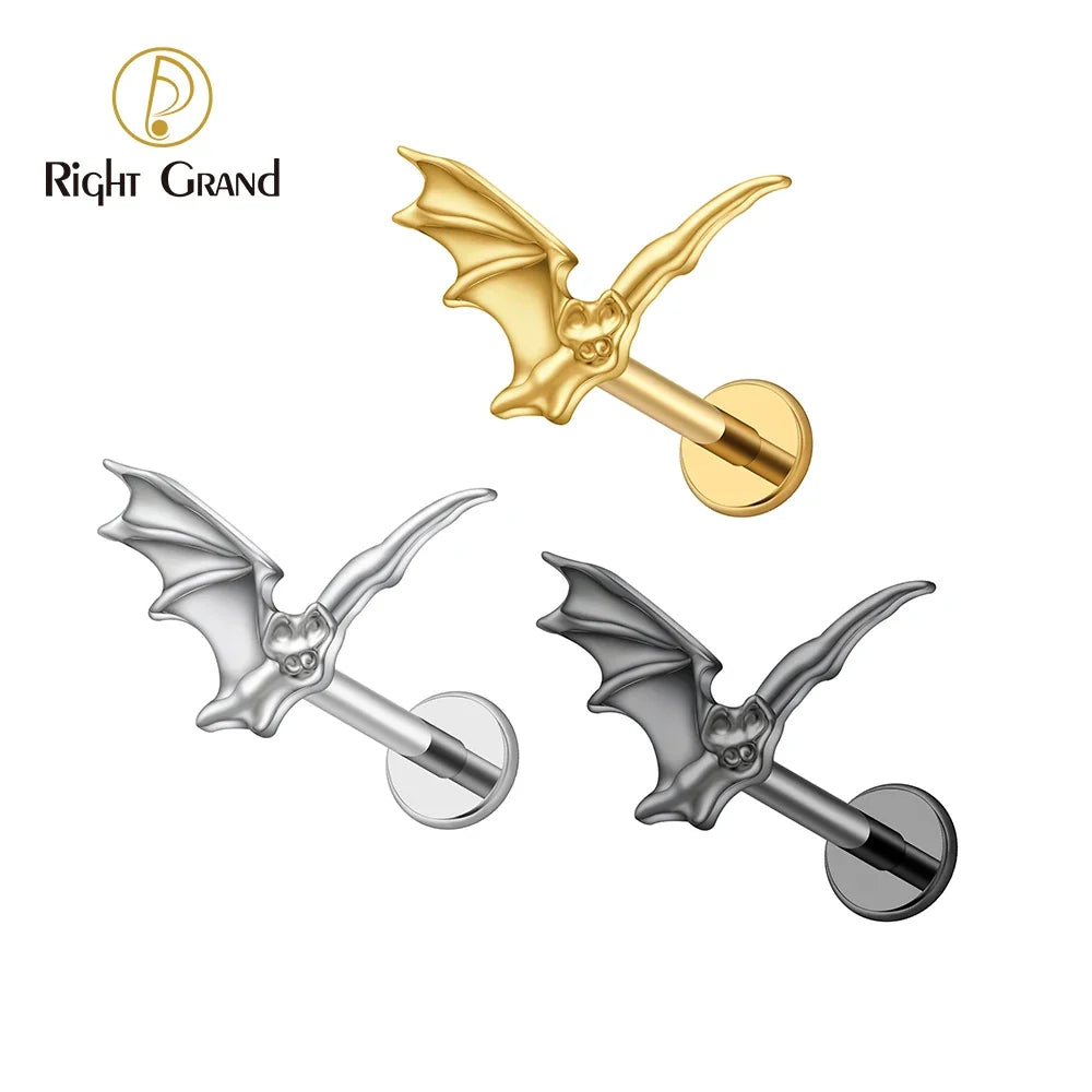 Right Grand ASTM F136 Titanium 16G Flying Bat Cartilage Earring Internally Threaded Helix Earring Flatback Tragus Piercing Stud