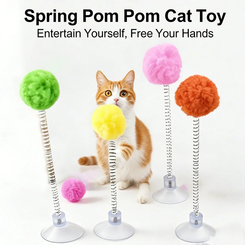 1 Pc Cat Fur Ball Spring Toy Suction Cup Pet Interactive Toy Fun-colored Cat Teaser Stick