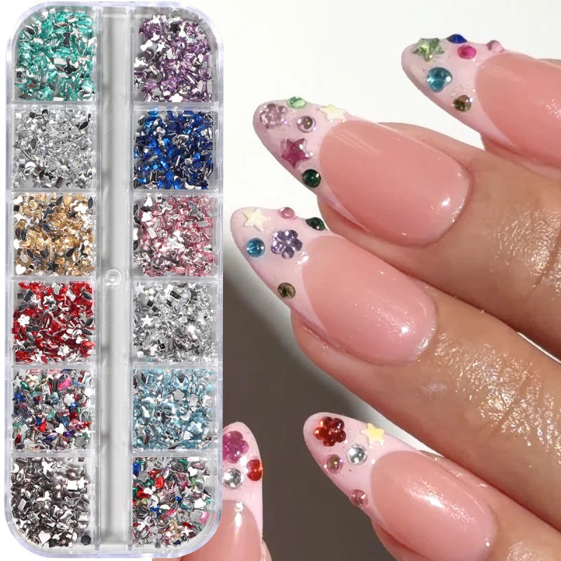 12 Grids 3D Mini Colorful Nail Rhinestones Elegant Rhombus Moon Star Heart Flower Multi Shape Flatback Gemstones Nail Art Decor