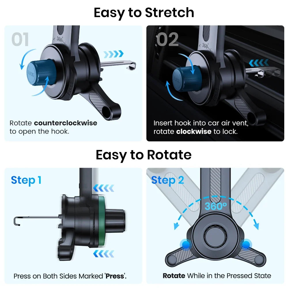 TOPK Car Phone Mount Holder, 3-Point Support 360° Rotating Extended Arm Metal Hook Superior Stability Phone Holder for Car Cars