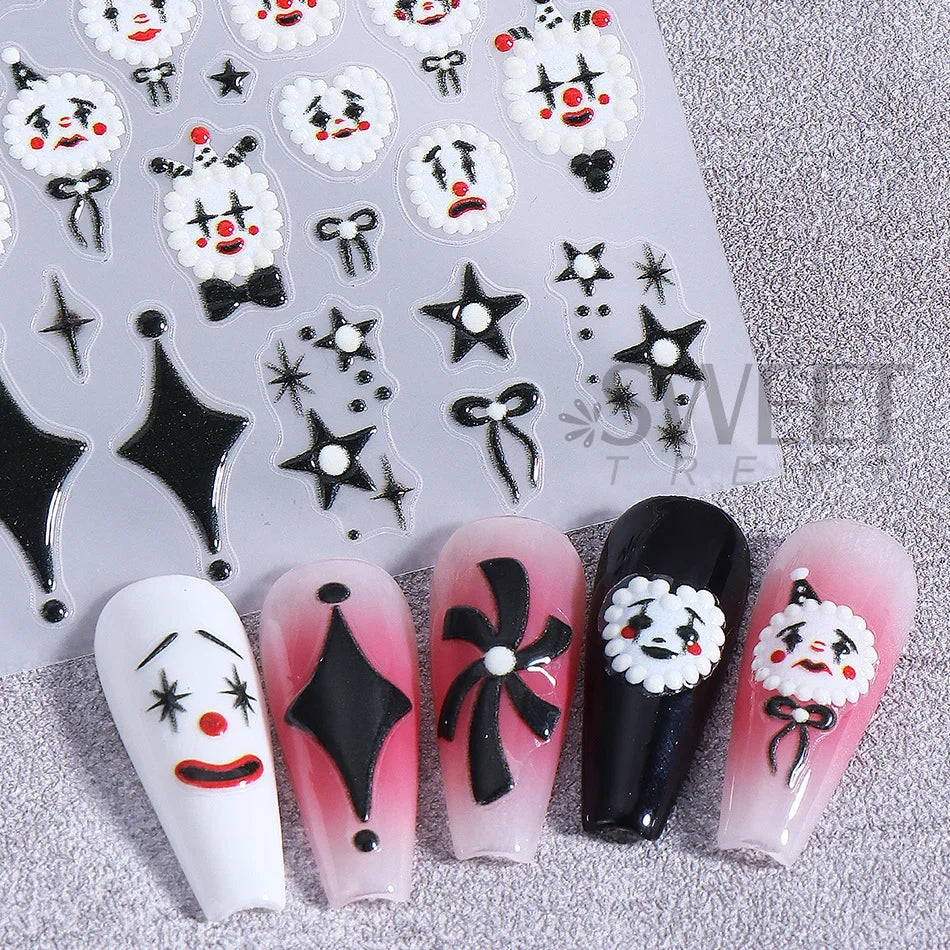 2pcs Halloween Nail Stickers Wacky Expression Clown Face Bowknot Star Pattern Nail Decals DIY Manicure Decoration Nail Supplies