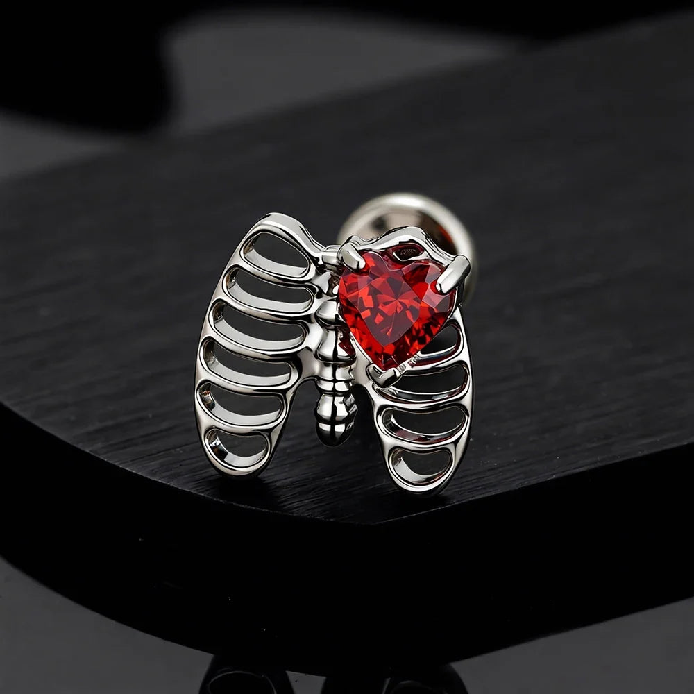 Right Grand ASTM F136 Titanium Heart CZ Rib Cage Cartilage Earring 16G Gothic Skeleton Helix Labret Stud Nose Piercing Jewelry