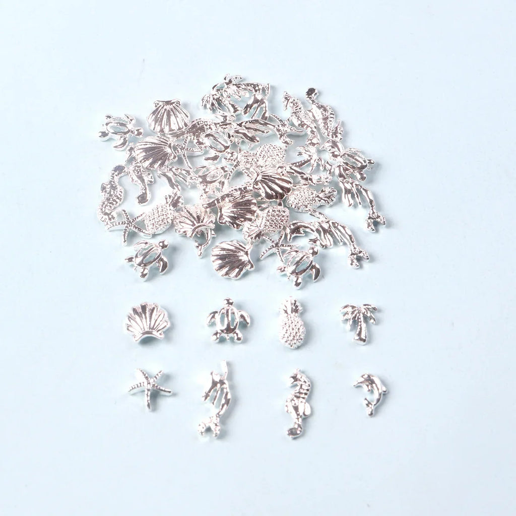 TSZS 50pcs/bag Ocean Starfish Shell Nail Art Charms Silver Beach Starfish Sea Seashell Nail Decoration Metal 3D Charms for Nail