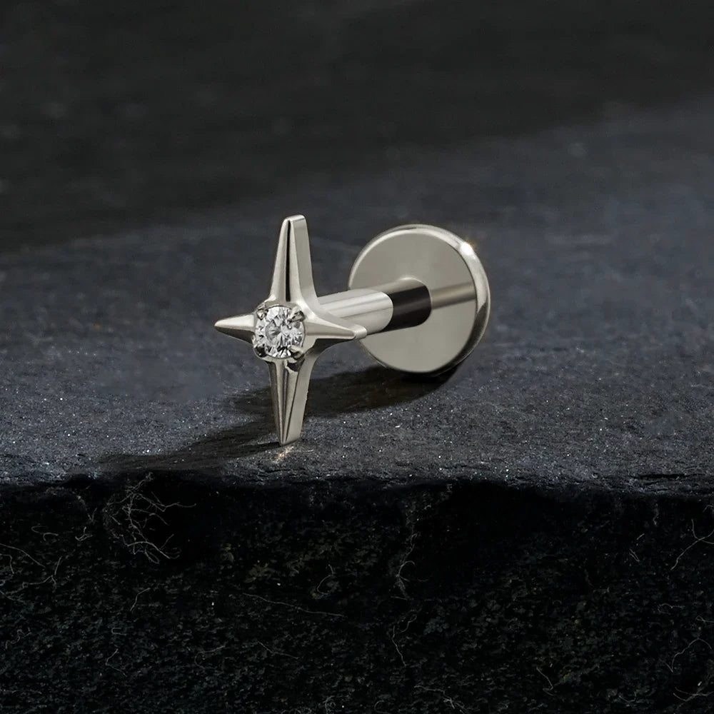 Right Grand ASTM F136 Titanium Four Point Star Flat Back Stud 16G Tiny CZ Cartilage Earring Helix Tragus Nose Piercing Jewelry