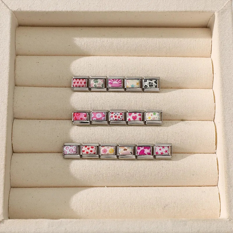 New Cute Colorful Dairy Cow Red Loving Heart Stars Leaf Flowers Italian Charm Links Fit 9mm Stainless Steel Bracelet DIY Making
