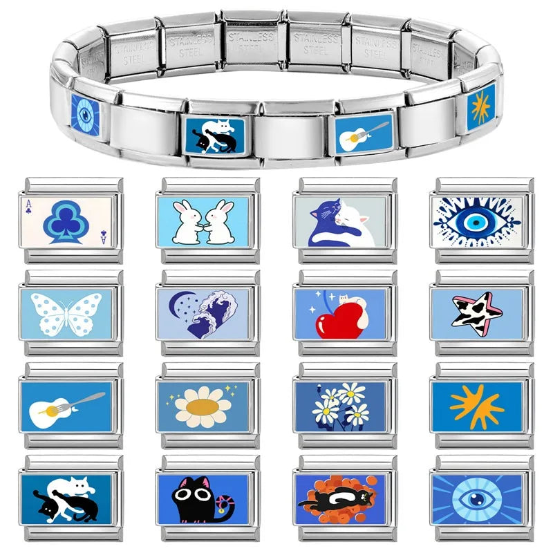2025 Design Blue Series Black Cats Rabbit Eye Flower Sun Italian Charm Links Stainless Steel Fit 9mm Bracelet Jewelry DIY Making