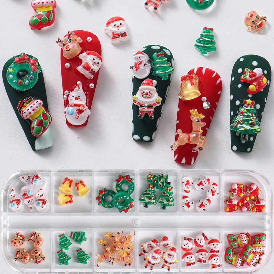 12grids Cartoon Mixed Resin Santa Claus Nails Decor Kawaii Christmas Snowman Elk Nail Charms Parts 3D Festival DIY Nail Supplies
