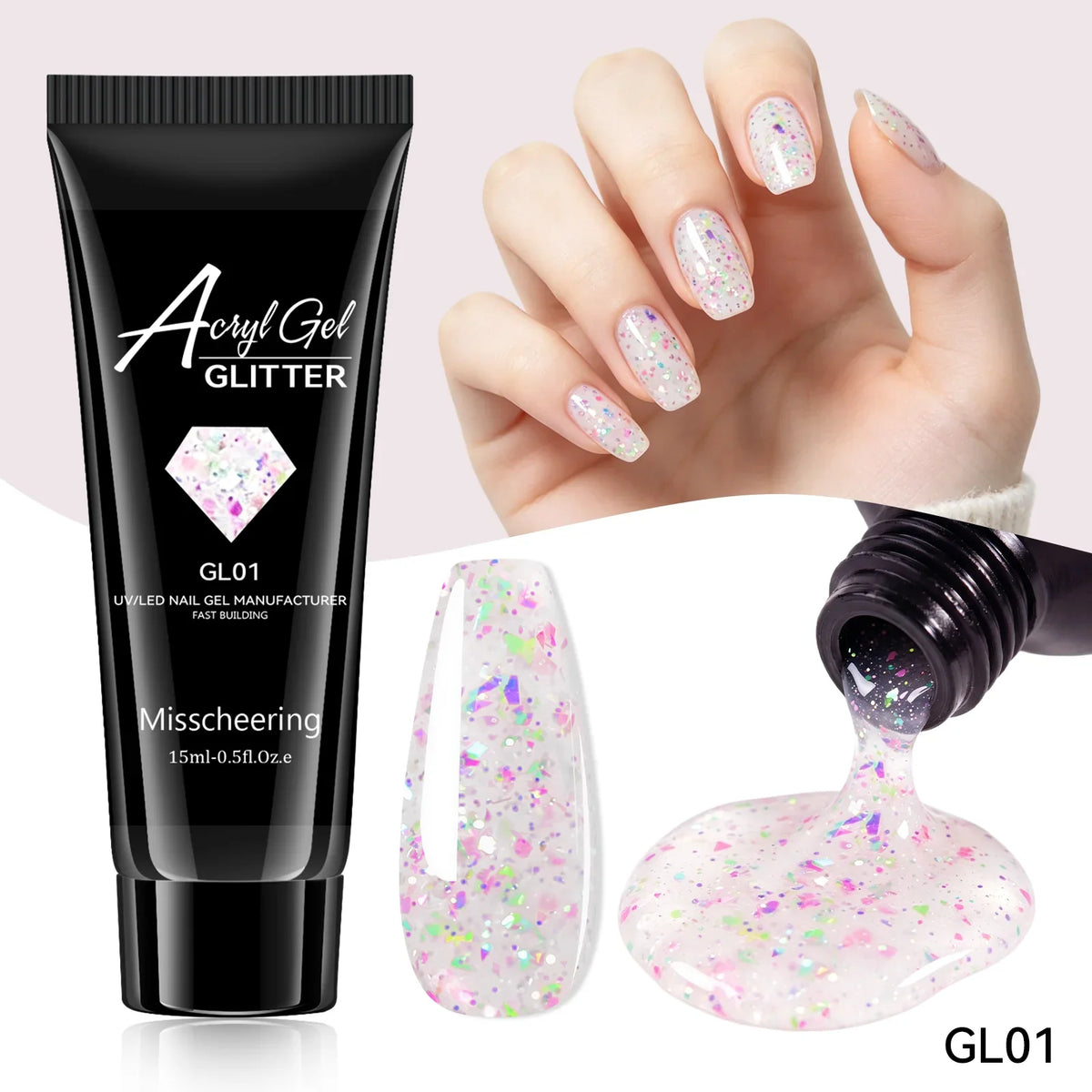 Misscheering 15ml Glitter Acryl Gel Nail Extension Gel Quick Building UV LED Poly Nail Gel Sparkly Sequin Nail Builder Gel Nail