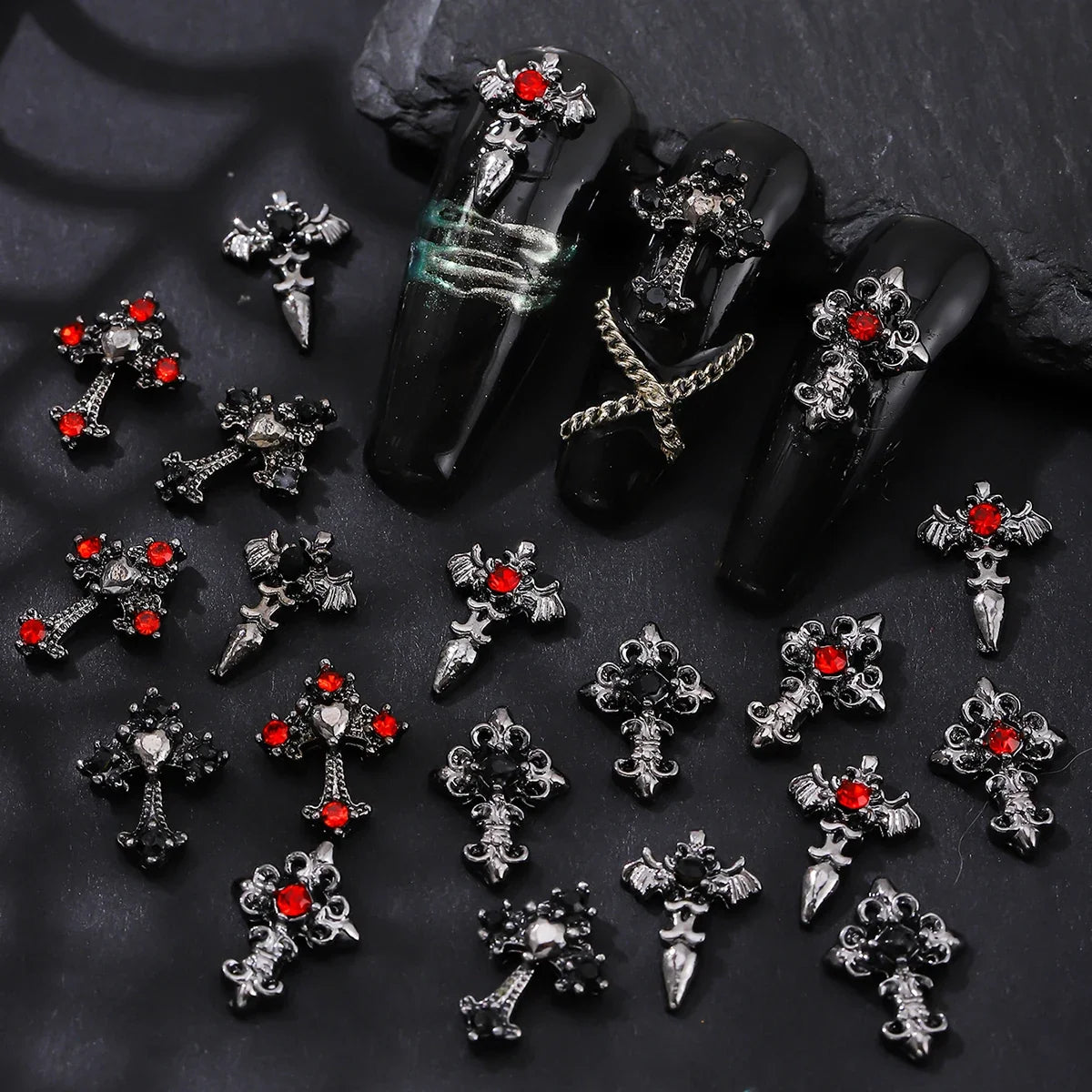 10pcs/pack Punk Style Three-Dimensional Cross Personalized Nail Art Alloy Decoration, Halloween Dark Style Cross DIY Decoration