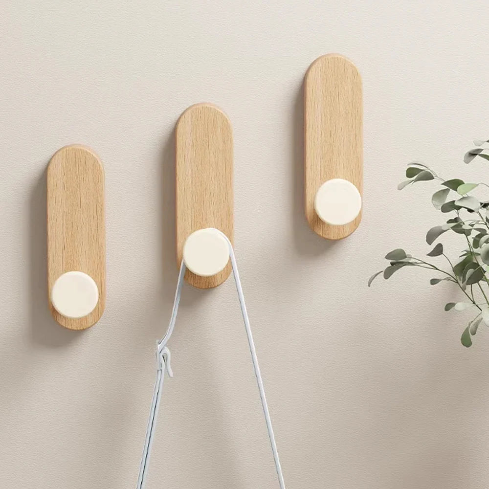 Self Adhesive Wall Hooks Nordic Wooden Hooks for Hanging Coat Clothes Bathroom Kitchen Towel Storage Hanger Entryway Key Holder