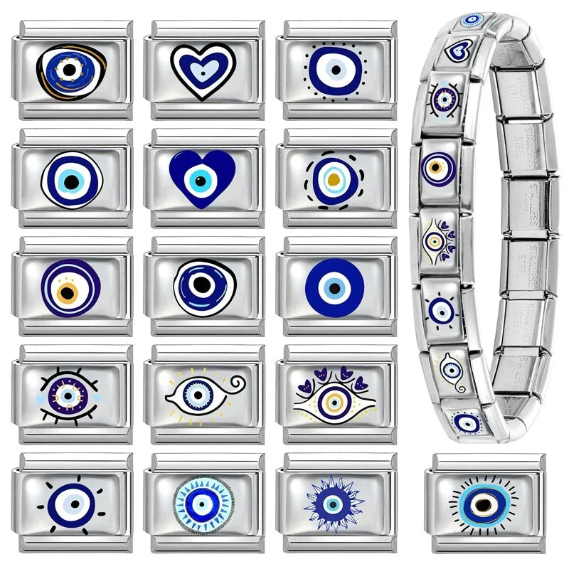 Wholesale New 2025 Devil Eye Blue Eye Heart Square Beads fit Italian Charm Links 9mm Stainless Steel Bracelet Jewelry DIY Making