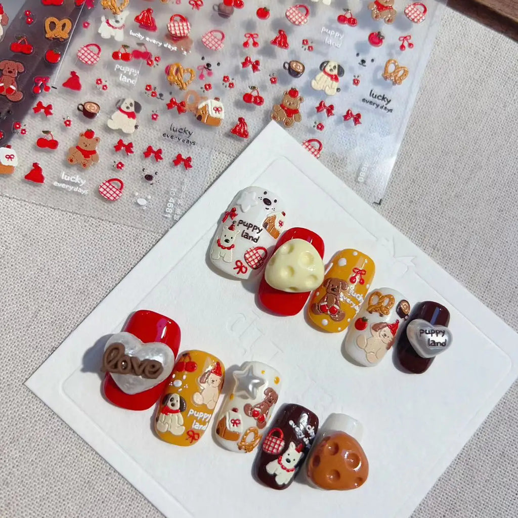 Embossed Nail Stickers Mini Christmas Tree Snowflake Cute Cartoon Bear Puppy Cat Back Glue Nail Accessories 3D Decrations Decals
