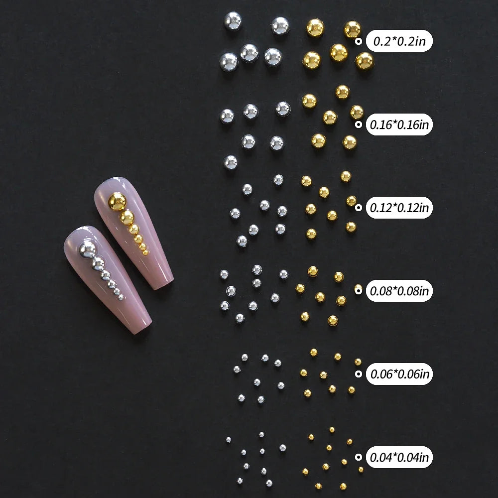 12Grids Gold/Sliver Half Round Beads Nail Art Charms 6-Sizes Flatback Caviar Bead Christmas Diamond DIY Sparkly Manicure Gems #*