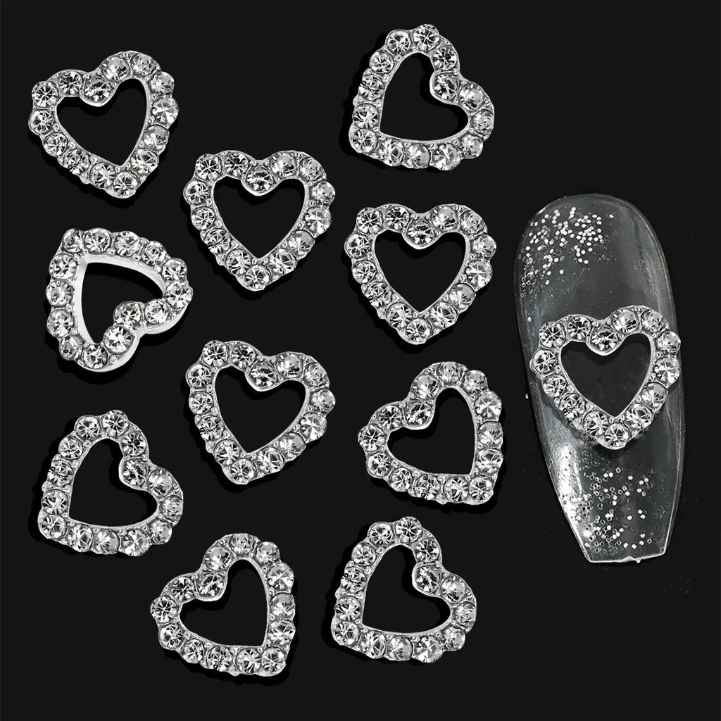 10pcs Silver Diamond Heart Shape Nail Art Charms 3D Nail Alloy Hollow-Out Crystal DIY Manicure Art Decoration Accessories