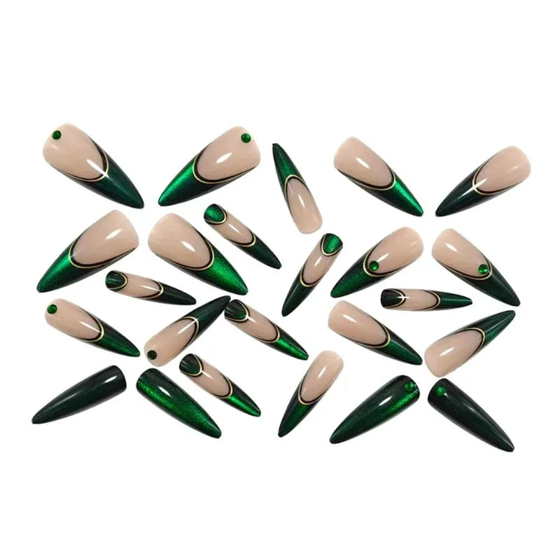 24PCS Green Cat Eye False Nails Stiletto Unique French Design Fake Nails Sweet Cool Detachable Press on Nails Spice Girls Almond