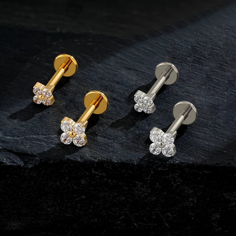 Right Grand ASTM F136 Titanium Flower CZ Cartilage Earring 16G Four Leaf Helix Tragus Stud Flat Back Labret Piercing Jewelry
