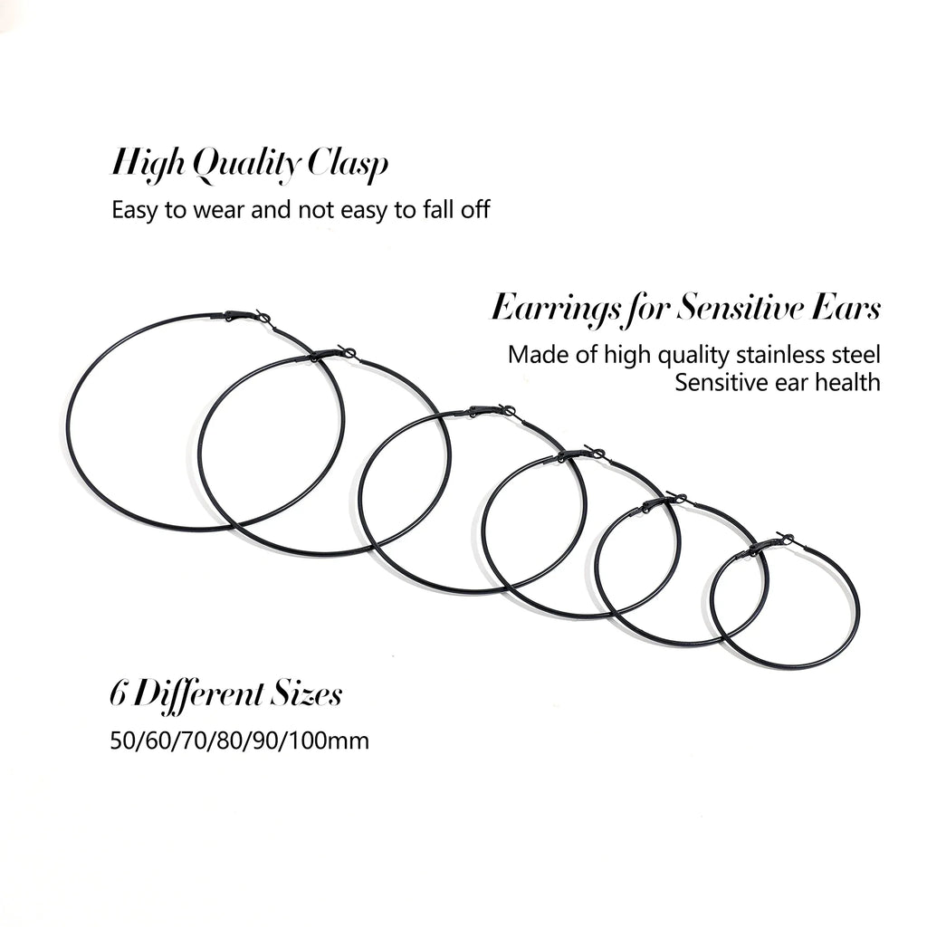 5 Sizes Stainless Steel Black Round Circle Hoop Earrings for Women Punk Exaggerated Smooth Statement Earring Gothic Jewelry Gift