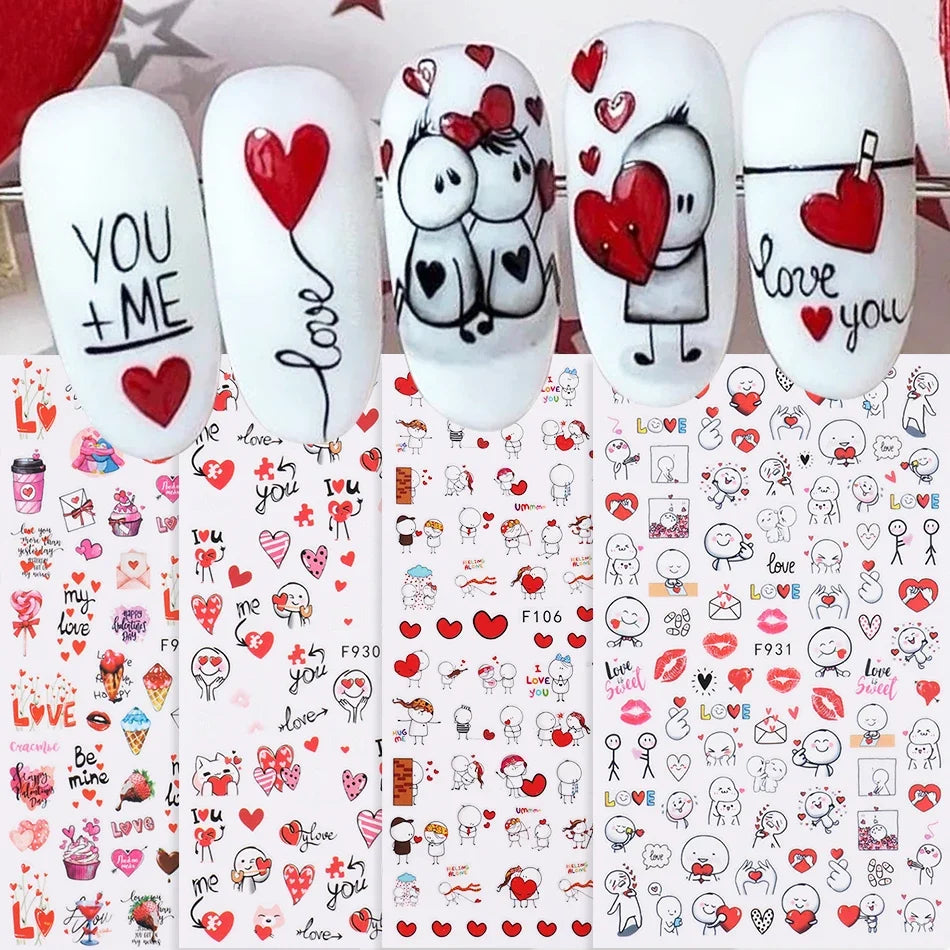 4pcs Valentine's Day Nails Stickers Cute Cartoon Love Heart Line Sliders for Nail DIY Design Self Adhesive Decals Manicure Decor