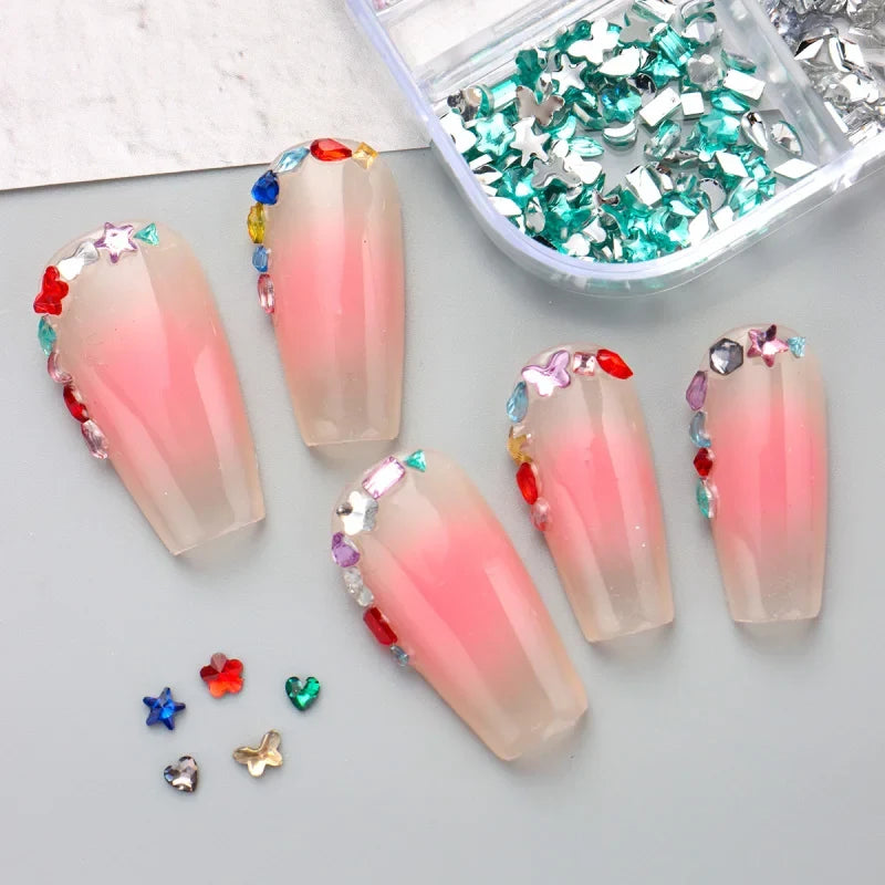 12 Grids 3D Mini Colorful Nail Rhinestones Elegant Rhombus Moon Star Heart Flower Multi Shape Flatback Gemstones Nail Art Decor