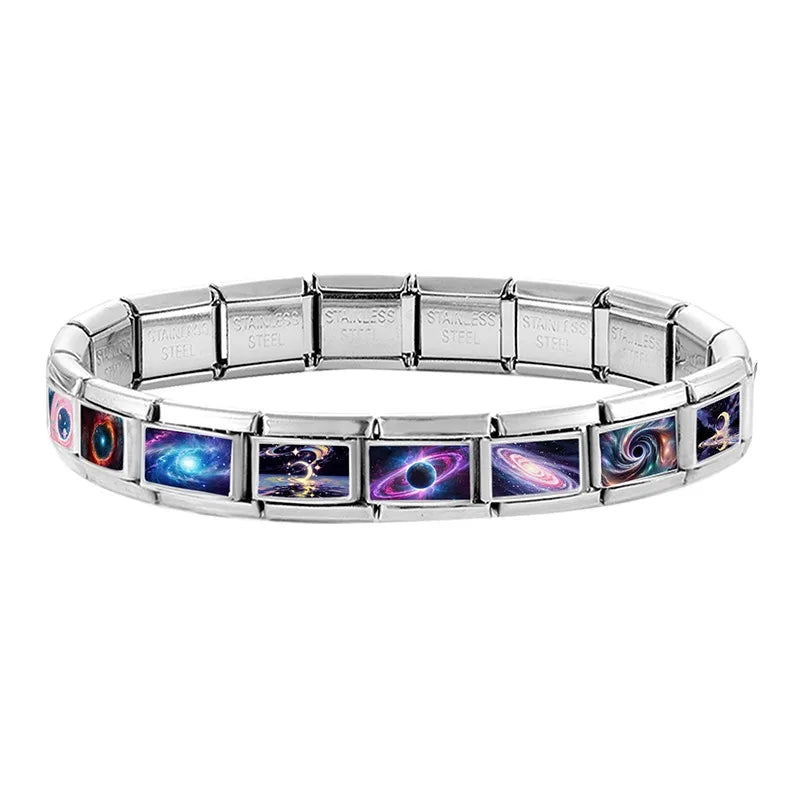 2026 Wholesale Shiny Moon Stars Night Sky Black Italian Charm Links Fit 9mm Stainless Steel Bracelet Women DIY Making Gift