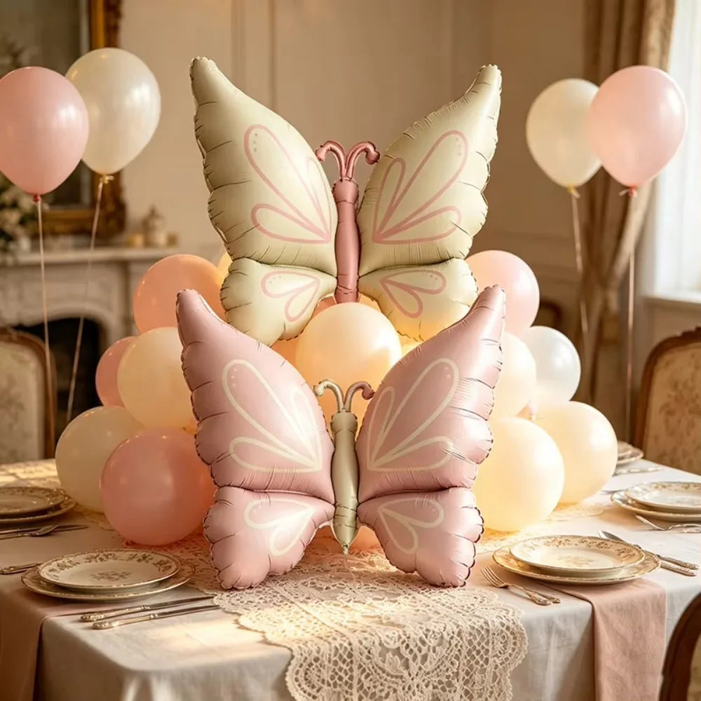 2Pcs Pastel Butterfly Foil Balloons, Large Pink White Butterfly Aluminum Balloon for Birthday Baby Shower Party Decorations