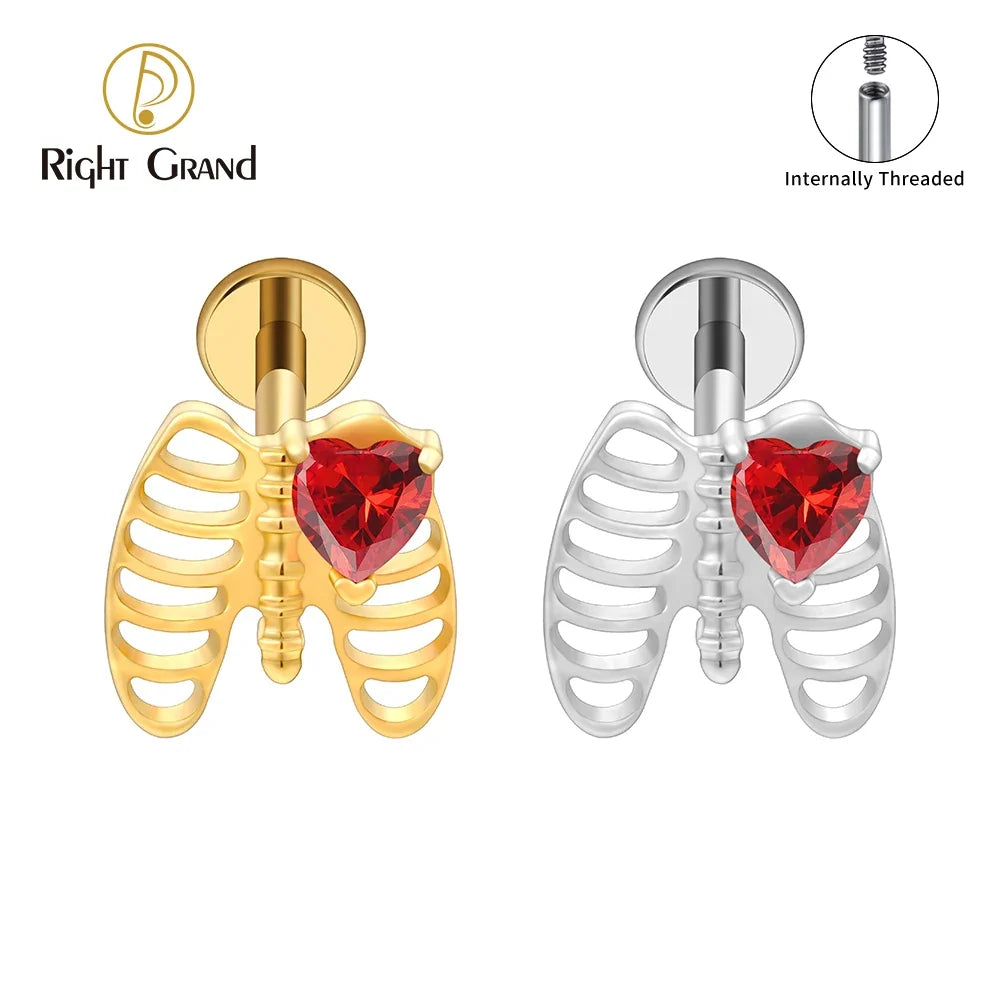 Right Grand ASTM F136 Titanium Heart CZ Rib Cage Cartilage Earring 16G Gothic Skeleton Helix Labret Stud Nose Piercing Jewelry