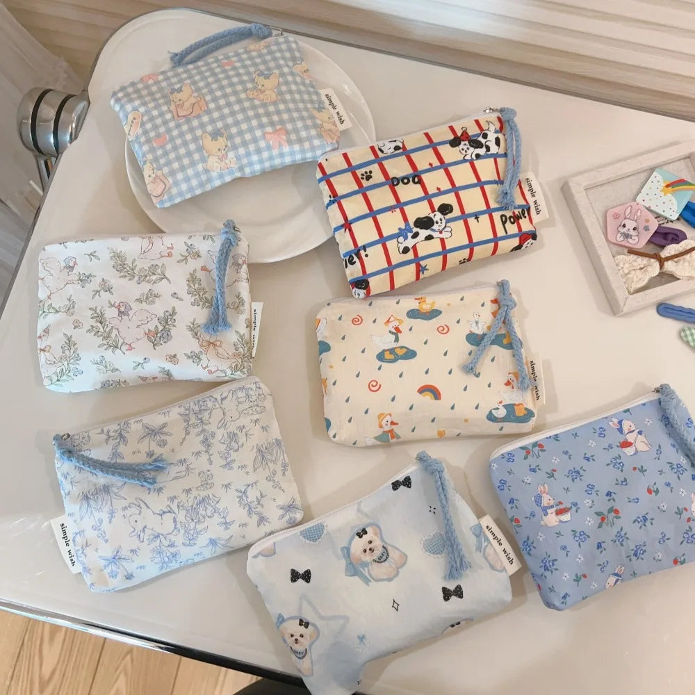 Cute Cartoon Prints Mini Coin Purse Square Cotton Sundries Pouch Zipper Portable Earphone Lipstick Storage Bag