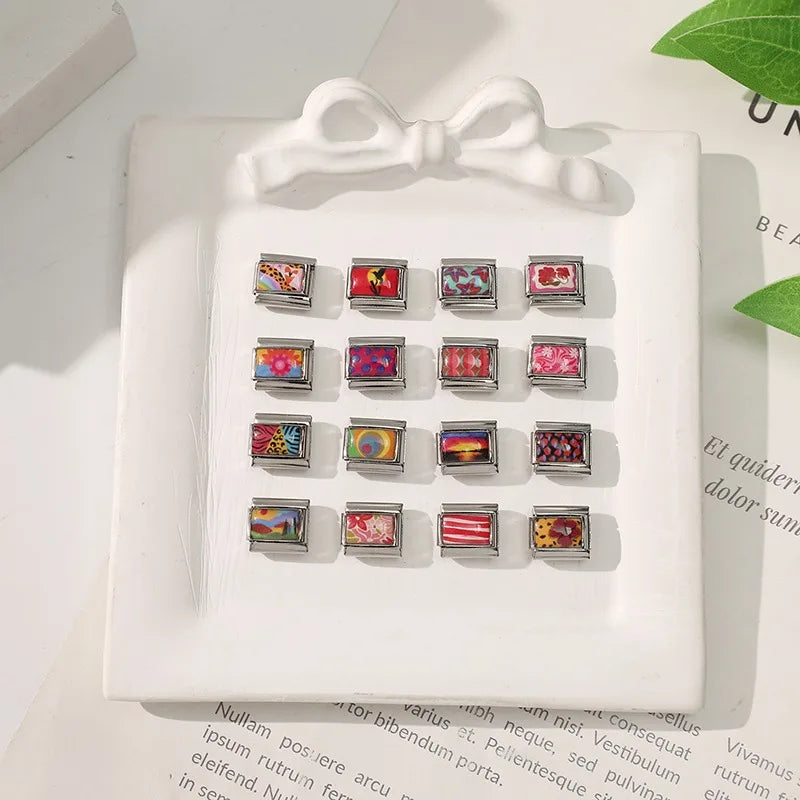 Wholesale 2026 Fashion Cute Cow Flowers Field Fish Bag Charm Italian Links Fit 9mm Bracelet Stainless Steel Making DIY Jewelry