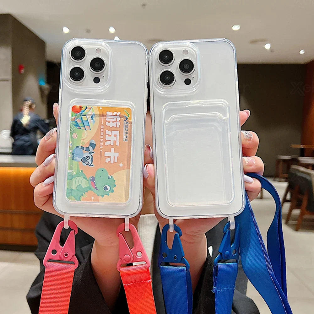 Crossbody Necklace Wide Lanyard Clear Card Holder Wallet Phone Case For iPhone 17 16 14 13 15 Pro Max 12 11 Soft Silicone Cover