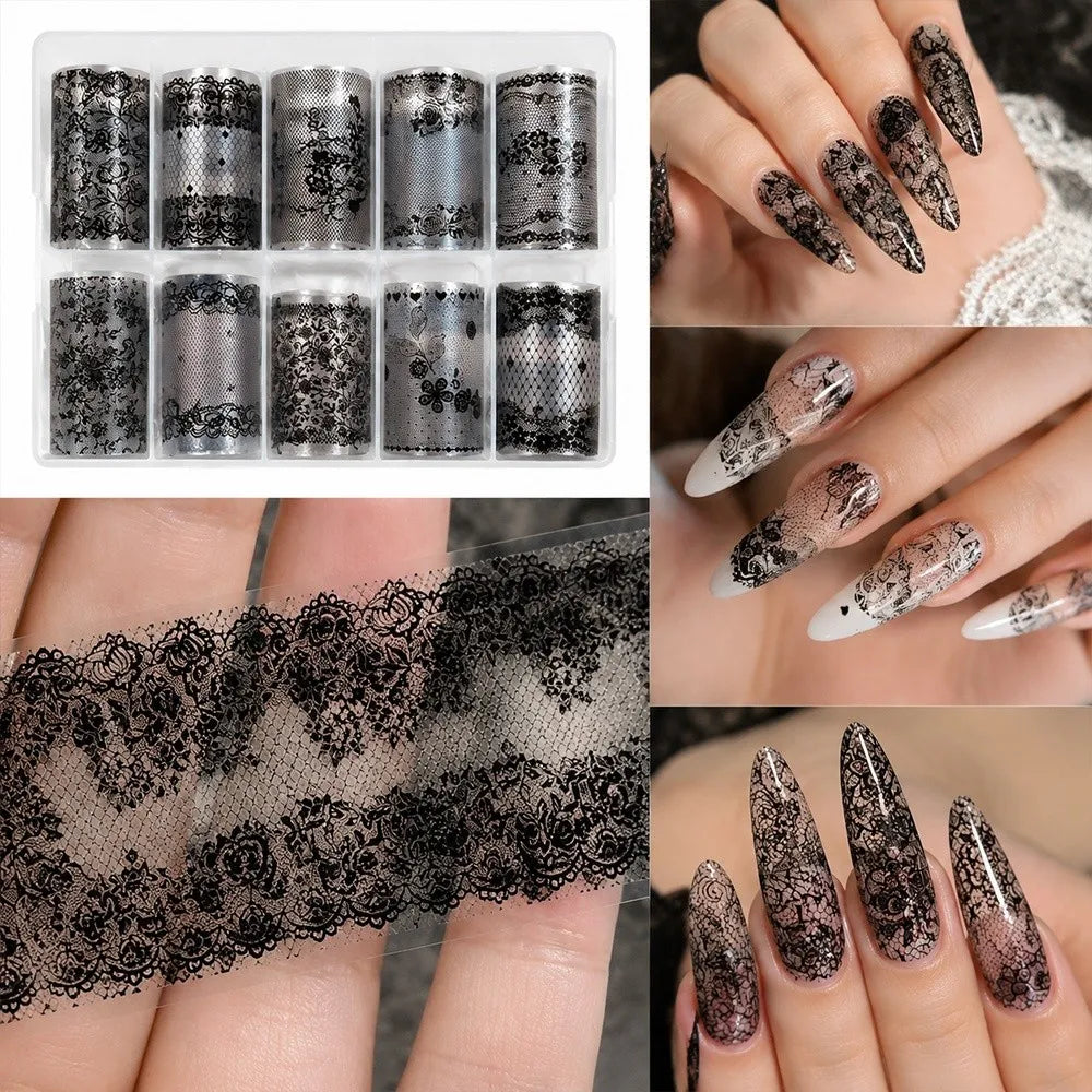 Fashion Lace Design Nail Foils Black White Tulip Pattern Nail Stickers Sequin Effect Nail Decorations Manicure DIY