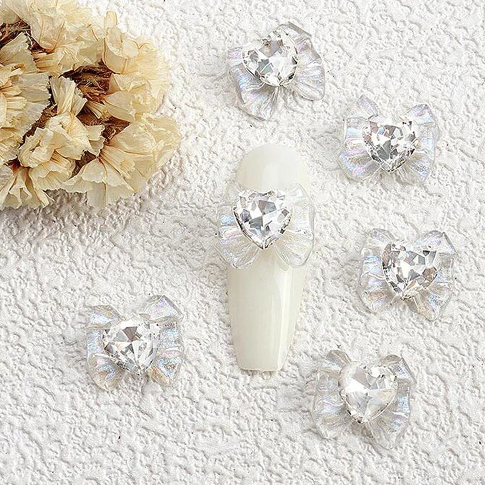 10pcs 3D White Glitter Bowknot Nail Art Charms Sparkle Ice Clear Resin Love Heart Diamond Nail Art Decorations Kawaii Nail Gems