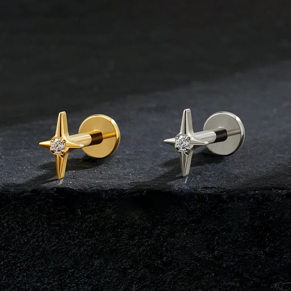 Right Grand ASTM F136 Titanium Four Point Star Flat Back Stud 16G Tiny CZ Cartilage Earring Helix Tragus Nose Piercing Jewelry
