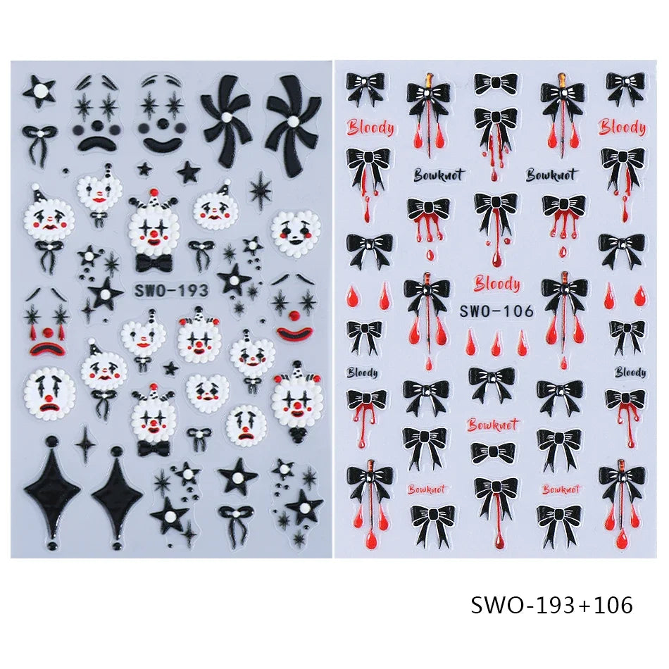 2pcs Halloween Nail Stickers Wacky Expression Clown Face Bowknot Star Pattern Nail Decals DIY Manicure Decoration Nail Supplies
