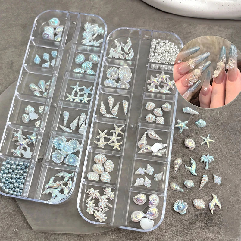 12 Grids Box Blue White Nail Charm Shell Starfish Mermaid Tail 3D Oceanic Manicure Nail Art DIY Salon Decoration Accessories