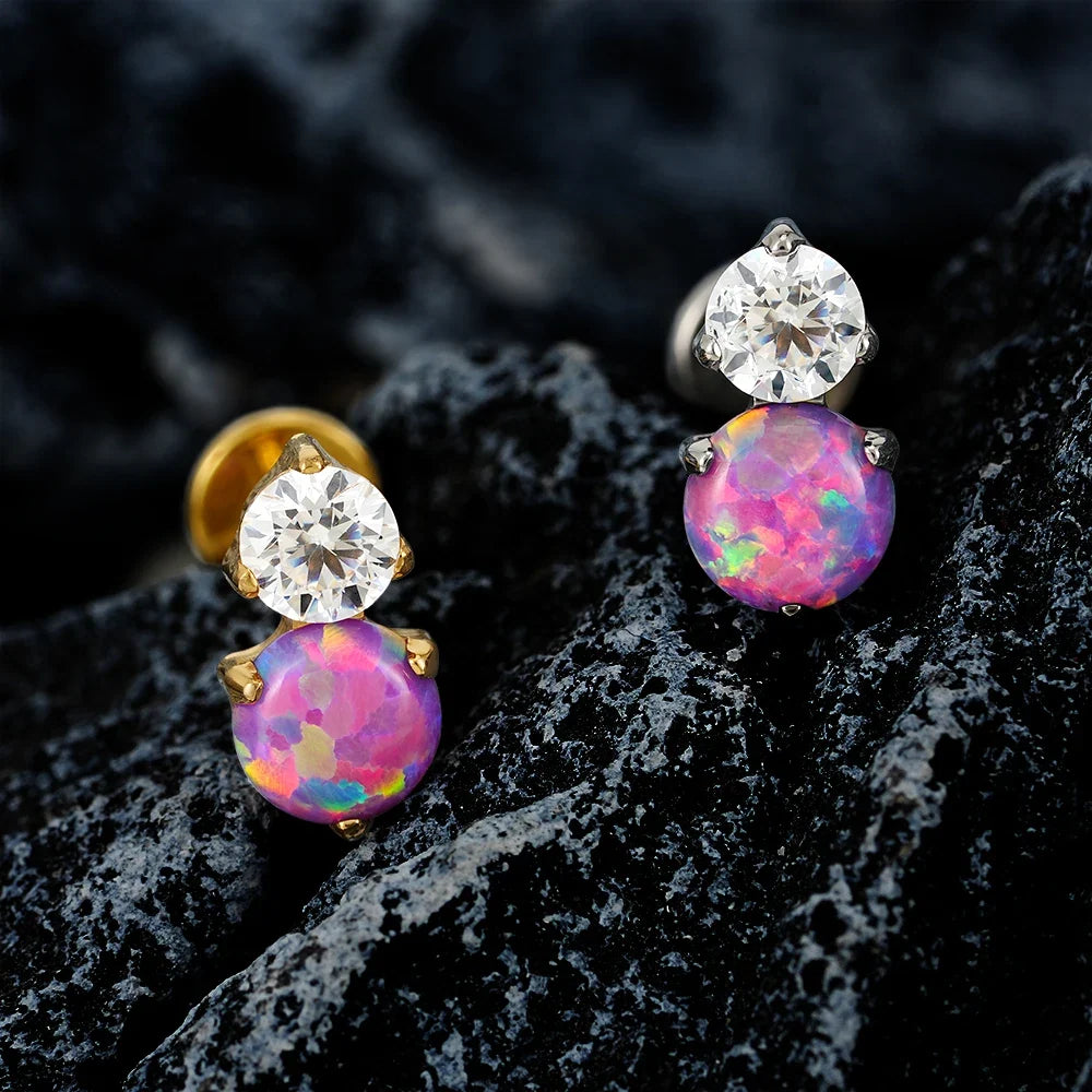 Right Grand ASTM F136 Titanium Opal and CZ Lip Stud Helix Earring 16G Internally Threaded Tragus Cartilage Conch Labret Piercing