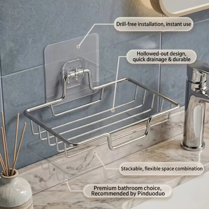 Multi-Purpose under Sink Organizer Silvery Stainless Steel Soap Dish Wall Mounted No Drill Soap Holder with Drainage 1/2/3pcs Se