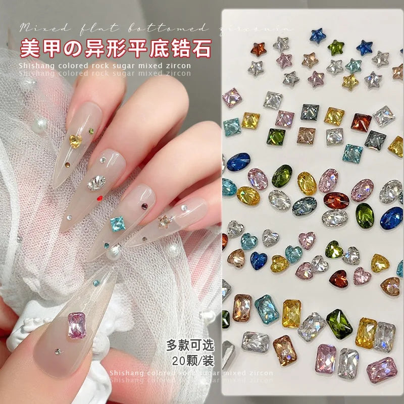 YYM 20PCS Shiny Diamond Nail Art Charms Colorful Flatback Glass Nail Rhinestone Mixing Size Color Sparkling Nail Gems Jewelry