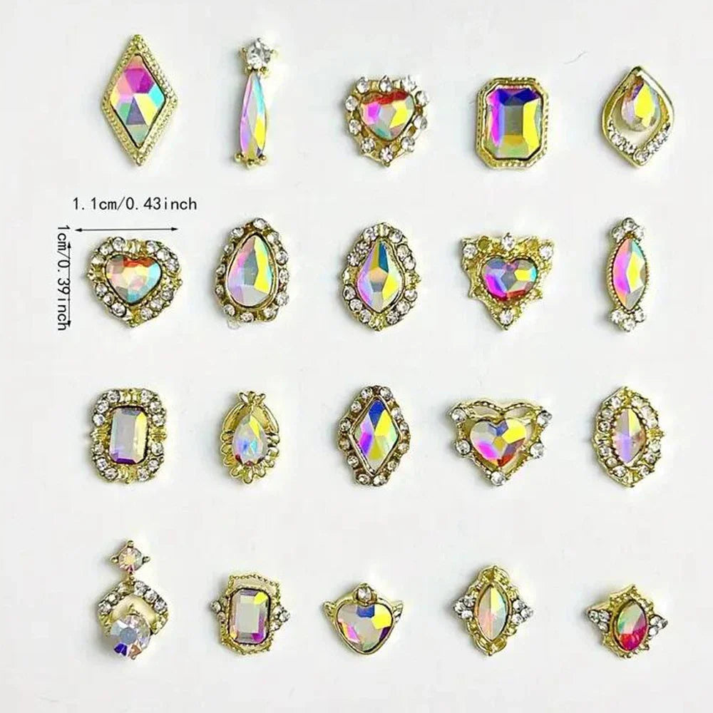 50Pcs 3D Mixed Luxury AB Alloy Nail Art Charms with Heart/Drop/Square/Rhombic Gem Nails Decoration DIY Crafts Manicure Accessory