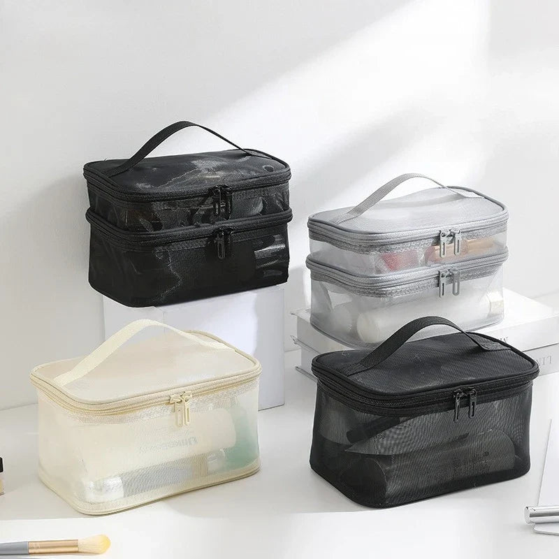 Mesh Cosmetic Bag Portable Handheld Zipper Makeup Organizer Bag Transparent Travel Toiletry Wash Storage Handbag