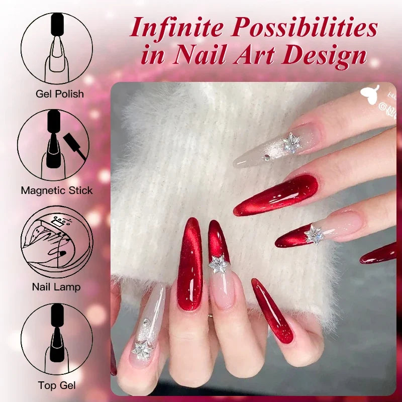 MEET ACROSS 7ml Dark Red Cat Magnetic Gel Nail Polish for Winter Nails DIY Jelly Glass Holographic Cat Eye Gel UV Gel Nail Art