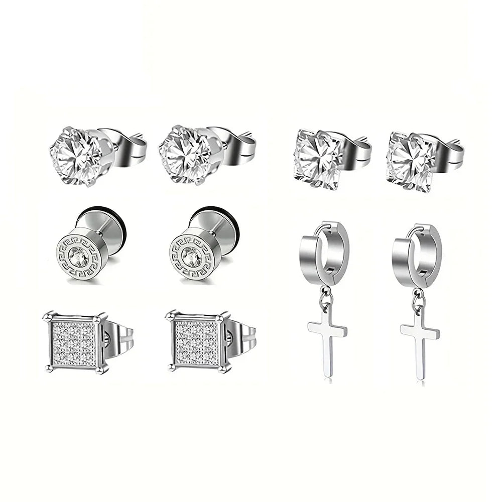 5 Pairs Stainless Steel Earrings Cross Dangle Hinged Earrings, Cubic Zirconia Stud Earrings For Men, Ear Piercing Jewelry
