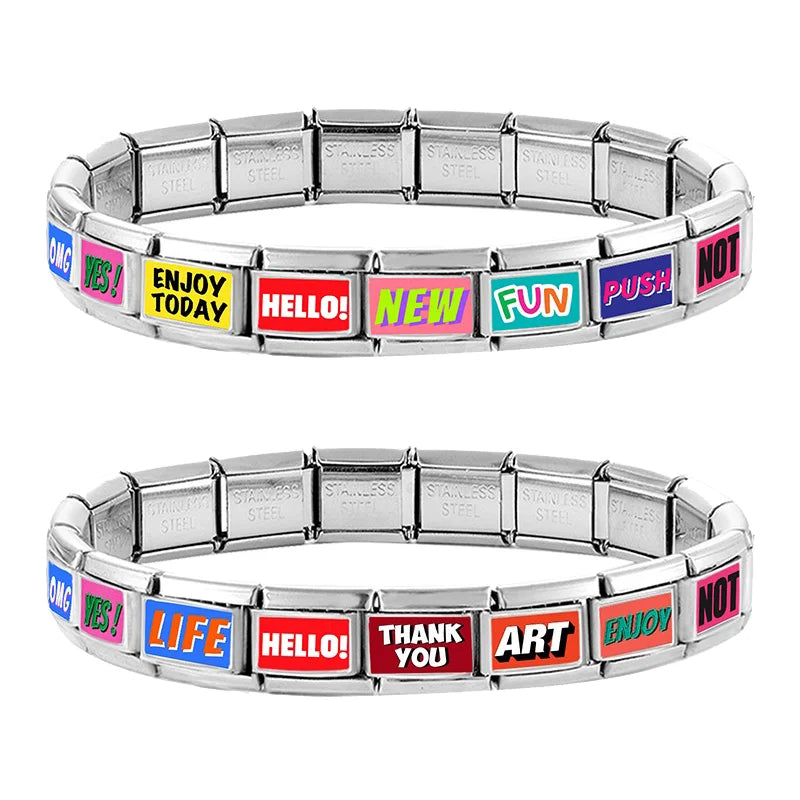 2025 Women's Fashions Colorful English Words LIFE OMG BYE NO Italian Charm Links Fit 9mm Stainless Steel Bracelet Making Jewelry