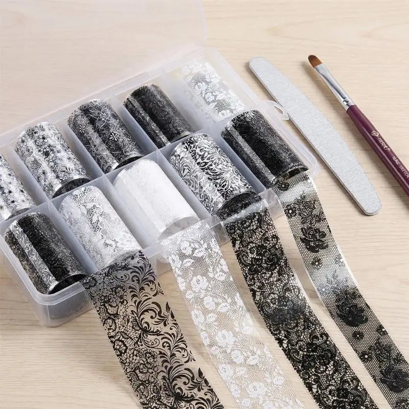 ✰✪Nail Art Transfer Foils Set Black White Red Lace Flowers Design Nail Stickers 10 Rolls DIY Manicure Decoration for Women