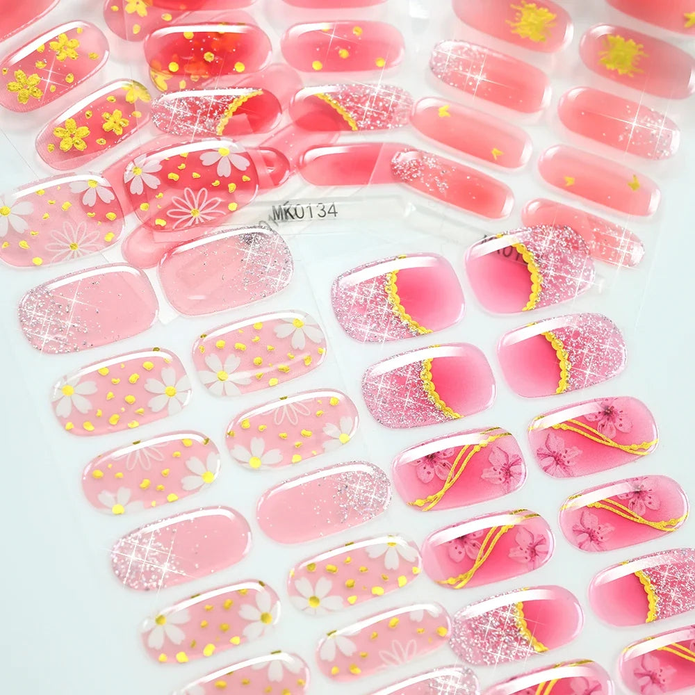 16Tips Sparkling Glitter French Gel Nail Strips 3D Flower Baking Free UV Gel Nail Wrap Decals DIY Long Lasting Full Nail Sticker