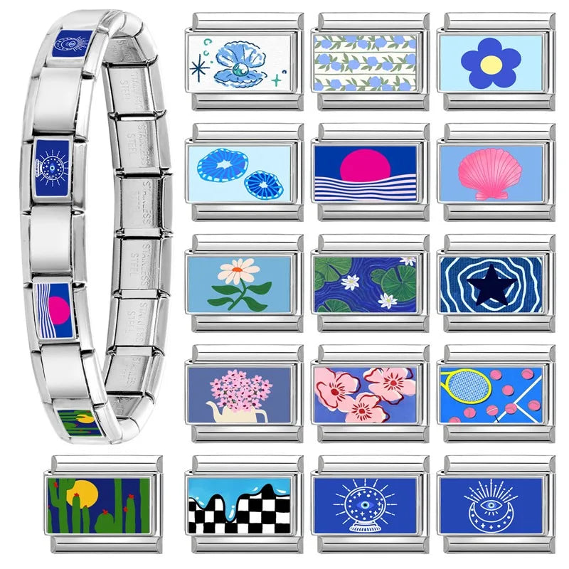 Fashion Seaside Scenery Seawave Sailing Boat Blue Italian Charm Links Fit 9mm Stainless Steel Bracelet Women Jewelry DIY Making