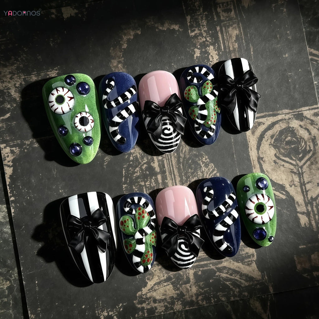 30pcs 3D Spooky Eyeballs Press On Nails Halloween Theme Horror Almond False Nails With Bows Black White Stripes Decor Fake Nail